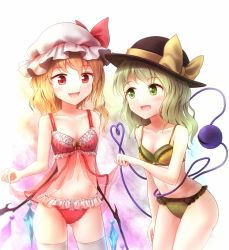 Rule 34 | 2girls, :d, babydoll, bare shoulders, blonde hair, blush, bow, bow bra, bra, breasts, cleavage, collarbone, cowboy shot, eyeball, eyebrows, fangs, flandre scarlet, frilled bra, frilled panties, frills, gluteal fold, green bra, green eyes, green hair, green panties, hat, hat bow, hat ribbon, heart, heart of string, komeiji koishi, legs apart, legs together, lingerie, long hair, looking at another, midriff, minust, mob cap, multiple girls, navel, open mouth, panties, red bra, red eyes, red panties, ribbon, side ponytail, slit pupils, small breasts, smile, stomach, string, thighhighs, third eye, touhou, underwear, underwear only, white legwear, wings