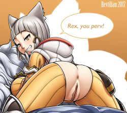Rule 34 | 1girl, 2017, all fours, animal ears, anus, artist name, ass, bent over, blunt bangs, blush, bodysuit, english text, fang, from behind, half-closed eyes, highres, hood, looking at viewer, looking back, naughty face, nia (xenoblade), no panties, pussy, revtilian, seductive smile, silver hair, smile, solo, speech bubble, teeth, text focus, torn bodysuit, torn clothes, uncensored, xenoblade chronicles (series), xenoblade chronicles 2, yellow eyes