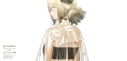 Rule 34 | 1girl, arknights, bandeau, breasts, commentary request, from behind, horns, ifrit (arknights), jacket, looking at viewer, looking back, low twintails, norizc, orange eyes, platinum blonde hair, profile, see-through, short hair, sidelocks, simple background, small breasts, solo, strapless, tube top, twintails, upper body, white background