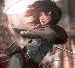 Rule 34 | 1girl, absurdres, belt, black gloves, black hair, blood, blood spray, blurry, blurry background, brown eyes, capelet, commentary, day, gloves, grey pants, grey shirt, highres, holding, holding weapon, looking at viewer, mikasa ackerman, outdoors, pants, rooftop, scarf, shingeki no kyojin, shirt, three-dimensional maneuver gear, titan (shingeki no kyojin), twisted torso, weapon, yido (yidoarts)