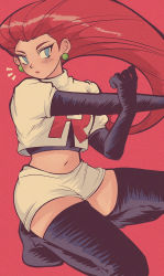 Rule 34 | 1girl, black footwear, black gloves, blue eyes, blush, boots, commentary, creatures (company), crop top, earrings, elbow gloves, full body, game freak, gloves, hair slicked back, highres, jessie (pokemon), jewelry, long hair, looking at viewer, midriff, miniskirt, navel, nintendo, paper texture, pikurusu, pokemon, pokemon (anime), red background, red hair, red lips, short sleeves, skirt, solo, squatting, stretching, symbol-only commentary, team rocket, team rocket uniform, thigh boots, thighhighs, white skirt, zettai ryouiki