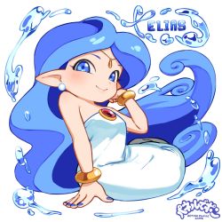 Rule 34 | 1girl, arm support, armpit crease, bangle, bare arms, bare shoulders, blue eyes, blue hair, blush, bracelet, breasts, brooch, bubble, closed mouth, dress, earrings, elias (panel de pon), fairy, forehead jewel, full body, hand on own cheek, hand on own face, hand up, head rest, highres, jewelry, liquid hair, long dress, long hair, looking at viewer, nail polish, omaru gyuunyuu, panel de pon, pointy ears, simple background, sitting, sleeveless, sleeveless dress, small breasts, smile, solo, strapless, strapless dress, stud earrings, very long hair, water, white background, white dress
