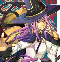 Rule 34 | 1girl, arc system works, blazblue, breasts, cape, cat tail, cosplay, female focus, hat, konoe a. mercury, long hair, lowres, multiple tails, noran, orange eyes, pink hair, solo, tail, witch hat