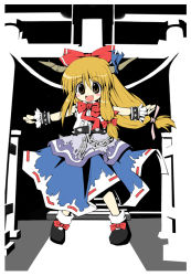 Rule 34 | 1girl, belt, black footwear, blonde hair, blue skirt, bow, bowtie, buckle, cuffs, female focus, full body, hair bow, horns, ibuki suika, layered skirt, long hair, long skirt, low-tied long hair, nisu, oni, red bow, red bowtie, shackles, shirt, shoes, skirt, solo, spikes, standing, touhou, white shirt, yellow eyes
