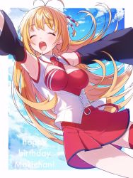 Rule 34 | 1girl, ai kusunoki, antenna hair, armpits, beads, belt, blonde hair, blush, breasts, character name, detached sleeves, closed eyes, framed breasts, hair beads, hair ornament, happy birthday, highres, large breasts, long hair, necktie, open mouth, skirt, sleeveless, solo, thighhighs, tsurumaki maki, very long hair, voiceroid, wide sleeves