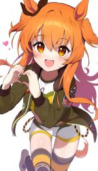 Rule 34 | 1girl, :d, absurdres, animal ears, bad id, bad pixiv id, black thighhighs, blush, dog tags, green jacket, hair between eyes, heart, heart hands, highres, horse ears, horse girl, horse tail, jacket, long hair, long sleeves, mayano top gun (umamusume), open clothes, open jacket, open mouth, orange eyes, orange hair, short shorts, shorts, simple background, smile, solo, tail, takom, thighhighs, two side up, umamusume, white background, white shorts