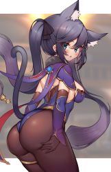 Rule 34 | 1girl, animal ears, aqua eyes, ass, ass grab, blue leotard, blush, breasts, brown gloves, brown pantyhose, cape, cat ears, cat tail, genshin impact, gloves, half-closed eyes, highres, kaptivate, leotard, mona (genshin impact), open mouth, paid reward available, pantyhose, purple hair, sideboob, small breasts, solo, tail, twintails, vision (genshin impact)