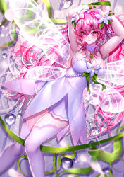 Rule 34 | 1girl, absurdres, alternate hair color, arms up, been, blush, breasts, butterfly wings, choker, cleavage, closed mouth, dress, elesis (elsword), elsword, fairy, flower, green ribbon, hair between eyes, hair flower, hair ornament, highres, insect wings, large breasts, layered dress, long hair, looking at viewer, pink eyes, pink hair, restrained, ribbon, shiny skin, short dress, sleeveless, sleeveless dress, smile, solo, sparkle, strapless, strapless dress, sweatdrop, thighhighs, transparent wings, twintails, very long hair, white dress, white flower, white thighhighs, white wings, wings, zettai ryouiki