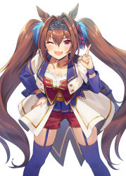 Rule 34 | 1girl, ;d, absurdres, animal ears, blue thighhighs, blush, breasts, brown hair, cleavage, commentary request, cropped jacket, daiwa scarlet (umamusume), fang, frilled shirt, frills, garter straps, hair between eyes, hair intakes, hand on own hip, hand up, highres, horse ears, horse girl, horse tail, index finger raised, jacket, leaning forward, long hair, long sleeves, looking at viewer, medium breasts, mosomoso, one eye closed, open clothes, open jacket, open mouth, red eyes, red shorts, shirt, short shorts, shorts, simple background, smile, solo, starting future (umamusume), tail, thighhighs, tiara, twintails, umamusume, v-shaped eyebrows, very long hair, white background, white jacket, white shirt