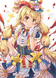 Rule 34 | 1girl, balloon, bang dream!, blonde hair, bloomers, blue bow, blue ribbon, blush, bow, center frills, character hat ornament, commentary request, confetti, corset, dress, earrings, frills, gem, gloves, group name, hair bow, hand on own hip, hat, hat ribbon, index finger raised, jewelry, long hair, looking at viewer, michelle (bang dream!), neck ribbon, overskirt, pearl (gemstone), pennant, red bow, red ribbon, ribbon, short sleeves, smile, solo, star (symbol), star earrings, striped clothes, striped dress, striped ribbon, tomo wakui, top hat, tsurumaki kokoro, twintails, underwear, vertical-striped clothes, vertical-striped dress, white gloves, yellow bow, yellow eyes