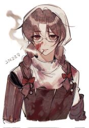 Rule 34 | 1boy, apron, aqiqiqiqi, blood, blood on face, braid, brown apron, brown eyes, brown hair, cigarette, genderswap, genderswap (mtf), gregor (project moon), hat, head scarf, highres, jacket, limbus company, looking at viewer, low twin braids, male focus, mechanical arms, project moon, single mechanical arm, smoke, smoking, solo, twin braids, upper body, white hat, white jacket