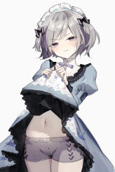 Rule 34 | 1girl, blush, bow, clothes lift, contender (flowerful maid) (girls&#039; frontline), contender (girls&#039; frontline), diieru, dress, dress lift, girls&#039; frontline, grey dress, grey hair, grey shorts, hair bow, highres, looking at viewer, maid, maid headdress, multicolored hair, navel, official alternate costume, pout, presenting, purple eyes, purple hair, short hair, short shorts, shorts, solo, streaked hair, sweatdrop, white background