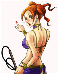 Rule 34 | 1girl, alternate costume, bikini, breasts, dragon quest, dragon quest viii, earrings, female focus, jessica albert, jewelry, looking back, lowres, magic bikini (dq), red eyes, red hair, sarong, solo, square enix, swimsuit, twintails, whip, white background