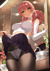 Rule 34 | 10s, 1girl, absurdres, bare shoulders, blush, bow, bow panties, braid, breasts, brown pantyhose, ceiling light, clothes lift, collarbone, commentary request, crotch seam, earrings, faucet, flower, highres, hoop earrings, idolmaster, idolmaster cinderella girls, indoors, jewelry, jougasaki mika, lace, lace-trimmed panties, lace trim, legs together, lifting own clothes, long hair, long sleeves, looking at viewer, looking down, medium breasts, mirror, off-shoulder shirt, off shoulder, panties, panties under pantyhose, pantyhose, pantyshot, parted lips, pink hair, pink panties, pleated skirt, purple skirt, reference work, reflection, shirt, skirt, skirt lift, solo, standing, torn clothes, tsurime, twin braids, underwear, upskirt, vase, white shirt, yd (orange maru), yellow eyes