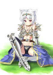 Rule 34 | 1girl, alexmaster, animal ears, arm support, armor, black thighhighs, cat ears, gauntlets, greaves, headpiece, highres, jewelry, midriff, necklace, original, pauldrons, red eyes, short hair, shoulder armor, sitting, solo, tattoo, thighhighs, white hair