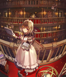 Rule 34 | 1girl, aiha-deko, apron, armillary sphere, book, bookshelf, brown hair, cat, commission, highres, indoors, library, long hair, looking at viewer, maid, maid apron, maid headdress, original, pink eyes, pixiv commission, skeleton, solo, standing, window