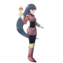 Rule 34 | 1girl, black bodysuit, black hair, blunt bangs, bodysuit, boots, byte (grunty-hag1), closed mouth, commentary request, creatures (company), cropped jacket, full body, game freak, gloves, hand up, jacket, long hair, long sleeves, nintendo, over-kneehighs, poke ball, poke ball (basic), pokemon, pokemon frlg, red jacket, red skirt, sabrina (pokemon), simple background, skirt, solo, standing, telekinesis, thighhighs, white background, white gloves