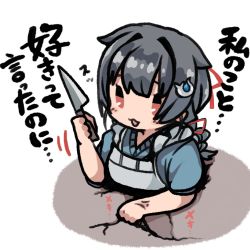 Rule 34 | 1girl, absurdres, anger vein, apron, black hair, blue sweater, braid, commentary request, crack, cracked floor, dyson (edaokunnsaikouya), hair flaps, hair ornament, hairclip, highres, holding, holding knife, jingei (kancolle), kantai collection, knife, long hair, official alternate costume, red eyes, single braid, solo, sweater, translation request, upper body, white apron, yandere