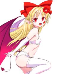 Rule 34 | 1girl, arms behind back, bat wings, blonde hair, bow, bra, breasts, commentary request, ear piercing, earrings, elbow gloves, elis (touhou), facial mark, flower, from side, gloves, hair bow, hair flower, hair ornament, jewelry, knee up, long hair, looking at viewer, open mouth, panties, piercing, pointy ears, red bow, red eyes, s-a-murai, small breasts, solo, standing, standing on one leg, star (symbol), stud earrings, tail, thighhighs, touhou, touhou (pc-98), underwear, underwear only, white background, white bra, white gloves, white panties, white thighhighs, wings