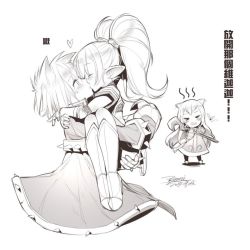 Rule 34 | &gt; &lt;, 1boy, 2girls, animal ears, armor, blush, carrying, chinese text, ejami, closed eyes, greyscale, heart, hug, jealous, kiss, league of legends, long hair, lulu (league of legends), monochrome, multiple girls, open mouth, pointy ears, poppy (league of legends), princess carry, signature, simple background, spikes, staff, surprised, tears, twintails, veigar, white background, yordle