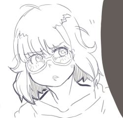 Rule 34 | 1girl, bare shoulders, bones (company), confused, glasses, godzilla (series), godzilla singular point, greyscale, kamino mei, looking at another, messy hair, monochrome, no bra, open mouth, orange (company), rough sketch, short hair, sketch, sweatdrop, toho, white background