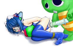 Rule 34 | 1boy, 1girl, 2k-tan, arms behind back, artist request, ass cutout, assless swimsuit, bare arms, bare shoulders, bdsm, blue hair, blue one-piece swimsuit, blue thighhighs, blush, bondage, bound, bound ankles, bound calves, breasts, buck teeth, censored, clothing cutout, clyster syringe, creature, drooling, enema, facing viewer, fetal position, gachapin, glasses, hirake! ponkikki, legs together, looking at viewer, looking over eyewear, lying, medium breasts, mosaic censoring, no shoes, on side, one-piece swimsuit, open mouth, os-tan, pussy, pussy peek, rope, saliva, simple background, solo, swimsuit, teeth, thighhighs, white background