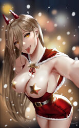 Rule 34 | 1girl, animal ears, armpits, artist name, bare shoulders, belt, black belt, blonde hair, blurry, blurry background, blush, breasts, cape, chainsaw man, cleavage, commentary request, cowboy shot, dress, easonx, fur-trimmed cape, fur trim, hair between eyes, highres, horse ears, long hair, medium breasts, pasties, power (chainsaw man), red cape, santa dress, selfie, sharp teeth, smile, snowing, solo, teeth, tongue, tongue out, very long hair, yellow eyes