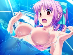 Rule 34 | 10s, 1girl, assisted exposure, bikini, bikini pull, blush, bow, breasts, clothes pull, embarrassed, game cg, grabbing, hair bow, highres, hinata hanabi, koutaro, large breasts, nipples, partially underwater shot, pink bikini, polka dot, polka dot bikini, pool, pulling another&#039;s clothes, solo, solo focus, submerged, surprised, surprised arms, swimsuit, tareme, tropical kiss, underwater, water