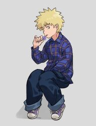 Rule 34 | 1boy, blonde hair, blue eyes, blue pants, candy, commentary, denim, english commentary, food, full body, grey background, hanazawa teruki, highres, holding, holding candy, holding food, holding lollipop, jeans, kyokyeo, lollipop, long sleeves, male focus, mob psycho 100, pants, purple footwear, purple shirt, shirt, shoes, short hair, simple background, sitting, sneakers, solo, tongue, tongue out