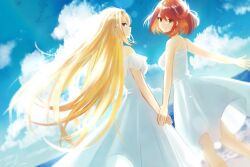 Rule 34 | 2girls, alternate costume, bare arms, bare shoulders, beach, blonde hair, breasts, cloud, cloudy sky, commentary, day, dress, frilled dress, frills, hair between eyes, hair ornament, headpiece, highres, holding hands, kyosuke1413koba, large breasts, long hair, looking at viewer, looking back, multiple girls, mythra (xenoblade), outstretched arms, pyra (xenoblade), red eyes, red hair, short hair, sky, smile, swept bangs, white dress, xenoblade chronicles (series), xenoblade chronicles 2, yellow eyes