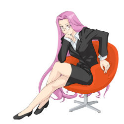 Rule 34 | 00s, 1girl, chair, fate/stay night, fate (series), formal, glasses, head rest, long hair, lowres, medusa (fate), medusa (rider) (fate), office lady, pencil skirt, purple eyes, purple hair, sitting, skirt, skirt suit, solo, square pupils, suit, very long hair