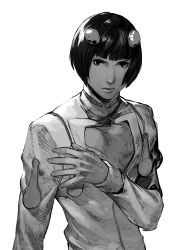 Rule 34 | 1boy, bob cut, bruno bucciarati, cleavage cutout, closed mouth, clothing cutout, greyscale, hair ornament, hand up, highres, jacket, jojo no kimyou na bouken, kotatsu (g-rough), long sleeves, looking at viewer, male focus, monochrome, short hair, simple background, solo, upper body, vento aureo, white background