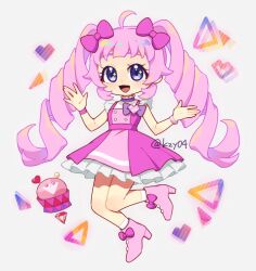 Rule 34 | 1girl, :d, ahoge, aozora himari, blunt bangs, bow, bracelet, commentary request, dress, drill hair, full body, hair bow, hands up, high heels, himitsu no aipri, idol clothes, jewelry, long hair, looking at viewer, open mouth, pink bow, pink dress, pink footwear, pink hair, pretty series, purple bow, purple eyes, robot, shoes, sleeveless, sleeveless dress, smile, solo, standing, twin drills, twintails, twitter username, yuita ro