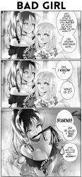 Rule 34 | 2girls, 3koma, :d, absurdres, band shirt, breasts, choker, collarbone, comic, commentary, ear piercing, earrings, english commentary, greyscale, grs-, height difference, highres, jewelry, large breasts, masochism, merchandise, monochrome, mouth hold, multiple girls, off-shoulder shirt, off shoulder, open mouth, original, piercing, ponytail, red hot chili peppers, shirt, sharon (grs-), smile, speech bubble, talia (grs-), teeth, upper teeth only, whip, yuri
