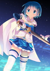 Rule 34 | 10s, 1girl, bad id, bad pixiv id, blue eyes, blue hair, blush, cape, fortissimo, gleision adain, gloves, hair ornament, holding, magical girl, mahou shoujo madoka magica, mahou shoujo madoka magica (anime), mahou shoujo madoka magica movie 1 &amp; 2, matching hair/eyes, miki sayaka, musical note, musical note hair ornament, short hair, signature, skirt, smile, solo, sword, thighhighs, weapon, white thighhighs