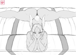 Rule 34 | 1girl, absurdres, animal ears, artist name, ass, blush, boku no hero academia, breasts, covering, covering breasts, dark-skinned female, dark skin, ettso, feet out of frame, flexible, greyscale, hands on own face, highres, large breasts, long eyelashes, long hair, looking at viewer, lying, mirko, monochrome, on stomach, parted bangs, rabbit ears, rabbit girl, rabbit tail, sketch, smile, solo, split, sweat, tail, thick thighs, thighs, thong, toned, topless