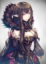 Rule 34 | 1girl, between breasts, black dress, blush, breasts, bridal gauntlets, brown hair, cleavage, dress, fal (fal-se-0), fate/grand order, fate (series), fur-trimmed dress, fur trim, grey background, hand up, head tilt, highres, long hair, medium breasts, open mouth, pointy ears, semiramis (fate), simple background, solo, straight hair, tsurime, very long hair, yellow eyes