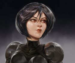 Rule 34 | 1girl, alita, armor, battle angel alita, black hair, dave rapoza, grey background, hair between eyes, highres, looking to the side, portrait, red eyes, red lips, short hair, solo