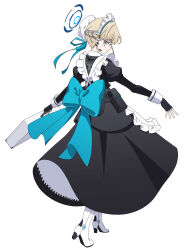 Rule 34 | 1girl, back bow, bag, black dress, black gloves, blonde hair, blue archive, blue bow, blue eyes, blue halo, boots, bow, bun cover, closed mouth, dress, earpiece, fingerless gloves, from behind, full body, gloves, hair bun, halo, highres, holding, holding bag, juliet sleeves, long sleeves, looking at viewer, looking back, maid, maid headdress, nyaru (nyaru 4126), puffy sleeves, short hair, simple background, single hair bun, solo, toki (blue archive), white background, white footwear