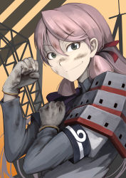 Rule 34 | 10s, 1girl, akashi (kancolle), armor, bras d&#039;honneur, dirt, dirty, dirty face, gloves, green eyes, hetza (hellshock), kantai collection, long hair, looking at viewer, pink hair, revision, rosie the riveter, school uniform, smile, solo, we can do it!