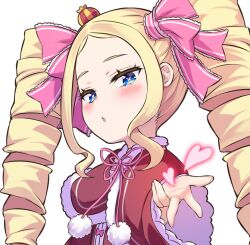 Rule 34 | 1girl, beatrice (re:zero), blowing kiss, blue eyes, bow, capelet, chestnut mouth, commentary request, crown, dress, drill hair, frilled capelet, frills, fur trim, hair ribbon, heart, looking at viewer, open mouth, pink bow, pink pupils, pink ribbon, re:zero kara hajimeru isekai seikatsu, red capelet, red dress, ribbon, s (hdru2332), simple background, solo, symbol-shaped pupils, twin drills, twintails, upper body, white background