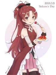 Rule 34 | 1girl, black thighhighs, blush, dated, detached sleeves, dress, female focus, food, fork, fruit, highres, holding, long hair, magical girl, mahou shoujo madoka magica, mochiko (uyu omochi), ponytail, red eyes, red hair, sakura kyoko, sakura kyoko (magical girl), solo, strawberry, thighhighs, tongue, twitter username