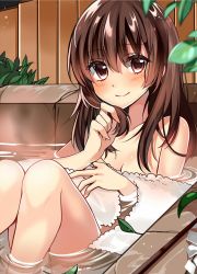 Rule 34 | 1girl, bare shoulders, bath, bathing, breasts, brown eyes, brown hair, cleavage, closed mouth, commentary request, eyebrows, eyelashes, eyes visible through hair, fence, hakurei reimu, hand in own hair, highres, knees together feet apart, knees up, leaf, legs together, long hair, looking at viewer, onsen, partially submerged, sitting, smile, solo, suzuka (nonnonsuzuki20), touhou, towel, water, wooden fence