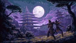 animated animated_gif architecture armor building east_asian_architecture fighting_stance fireflies full_moon helmet highres holding holding_sword holding_weapon japanese_armor japanese_clothes looping_animation moon namatnieks nature night night_sky original outdoors pixel_art rock samurai scenery sky star_(sky) starry_sky sword tree weapon