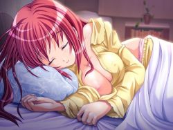 Rule 34 | 1girl, ahoge, akaza, bare shoulders, bed, bed sheet, blush, book, bookshelf, breast slip, breasts, cleavage, dutch angle, covered erect nipples, closed eyes, fingernails, game cg, henshin!, indoors, lace, lace-trimmed panties, lace trim, large breasts, long fingernails, long hair, lying, minami konoha, nipple slip, nipples, no bra, off shoulder, on side, one breast out, open clothes, open shirt, pajamas, pajamas pull, panties, pillow, pink panties, plant, potted plant, red hair, sheet grab, shirt, sleeping, smile, solo, underwear