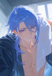 Rule 34 | 1boy, bishounen, blue eyes, blue hair, closed mouth, genshin impact, highres, illix233, kamisato ayato, male focus, medium hair, open clothes, pectorals, pov, solo, toned, toned male, towel