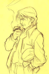 Rule 34 | 00s, 1boy, cigarette, male focus, monochrome, nishida asako, simoun, solo, wauf, yellow background, yellow theme