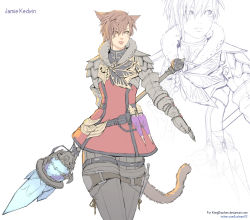 Rule 34 | 1girl, animal ears, warrior of light (ff14), breasts, cat ears, cat tail, closed mouth, collared dress, commission, crystal, dagger, dress, facial mark, final fantasy, final fantasy xiv, knife, miqo&#039;te, rejean dubois, short hair, simple background, solo, square enix, tail, thigh strap, thighhighs, tunic, weapon, white background