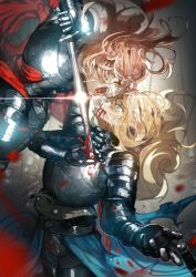 Rule 34 | 2girls, absurdres, armor, battle, blonde hair, blood, blood from mouth, blood splatter, blue eyes, breastplate, brown eyes, brown hair, crying, gauntlets, glint, half-closed eyes, highres, holding, holding sword, holding weapon, knight, long hair, looking at another, multiple girls, original, ossan zabi 190, pauldrons, plate armor, shoulder armor, stab, sword, tears, waist cape, weapon