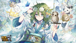 Rule 34 | 1girl, absurdres, alpaca, antenna hair, bags under eyes, bare shoulders, benghuai xueyuan, bird, blue butterfly, blue nails, bracelet, bug, butterfly, cat, closed mouth, copyright name, dog, doll, eyewear on head, flower, glasses, green eyes, green hair, hair between eyes, hair flower, hair ornament, highres, holding, homu (honkai impact), honkai (series), insect, japanese clothes, jewelry, kangaroo, kimono, kitten, logo, long hair, long sleeves, looking at viewer, nail polish, official art, owl, panda, puppy, reindeer, seal (animal), second-party source, sheep, smile, solo, stuffed animal, stuffed toy, yssring leavtruth